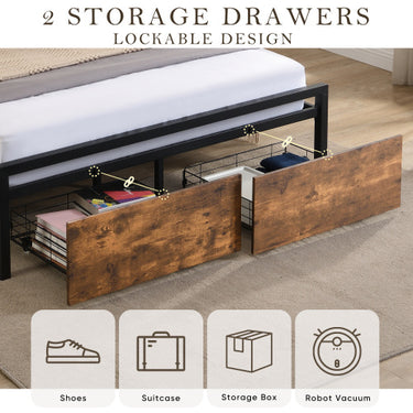 Queen Size Bed Frame With Storage Headboard And 2 Drawers & LED Lights Bed With Charging Station